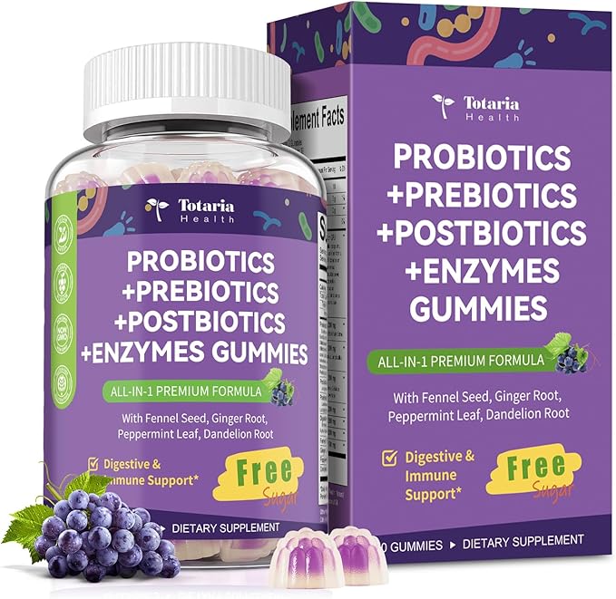 Sugar Free 5-in-1 Probiotic Prebiotic Postbiotic Gummy 36 Strains Probiotics for Women Men with Digestive Enzymes Peppermint Complete Immune Gut &amp Digestive Support Vegan 60 Ct Grape Flavor