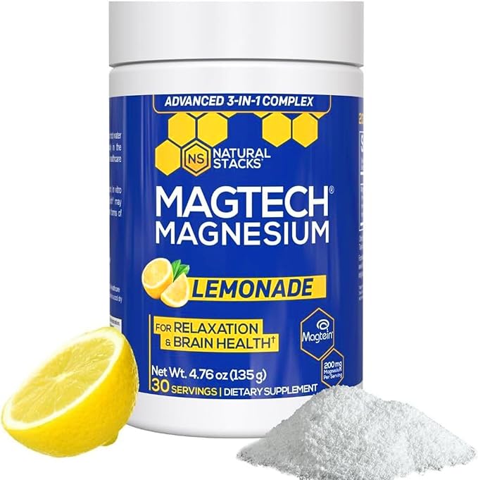 Magtein Magnesium L-Threonate Glycinate &amp Taurate - MagTech Magnesium Powder - Sugar Free Lemonade Drink - 200mg Chelated Triple Complex - Supports Relaxation &amp Brain Health* - 30 Servings