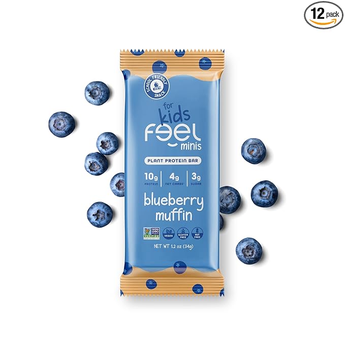 Feel Bar Minis – Kids Protein Bars | Blueberry Muffin | 10g Plant Protein | 100 Calories | No Added Sugar | + Daily Veggies | Gluten Free No Nuts No Soy No Dairy No Grains (12 Pack)