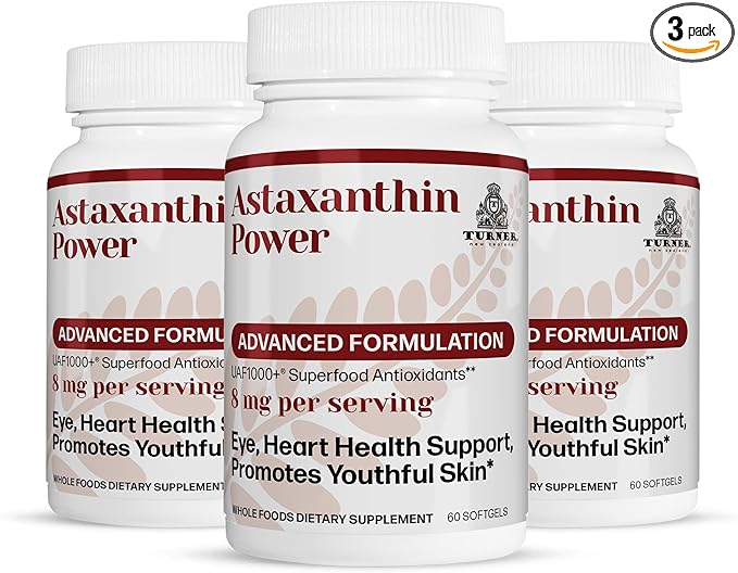 TURNER New Zealand Astaxanthin Power with UAF1000+ Anti-Aging Skin Eye Nerve Muscle Recovery Immune Support Antioxidant Supplement 12mg Astaxanthin 90 Servings 3 Bottles