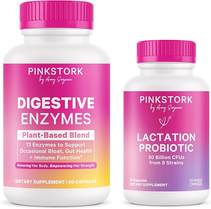 Pink Stork Lactation Probiotic Unscented and Digestive Enzymes Bundle – Supports Digestive and Lactation Wellness – Breastfeeding Vitamins with Herbs and Enzymes