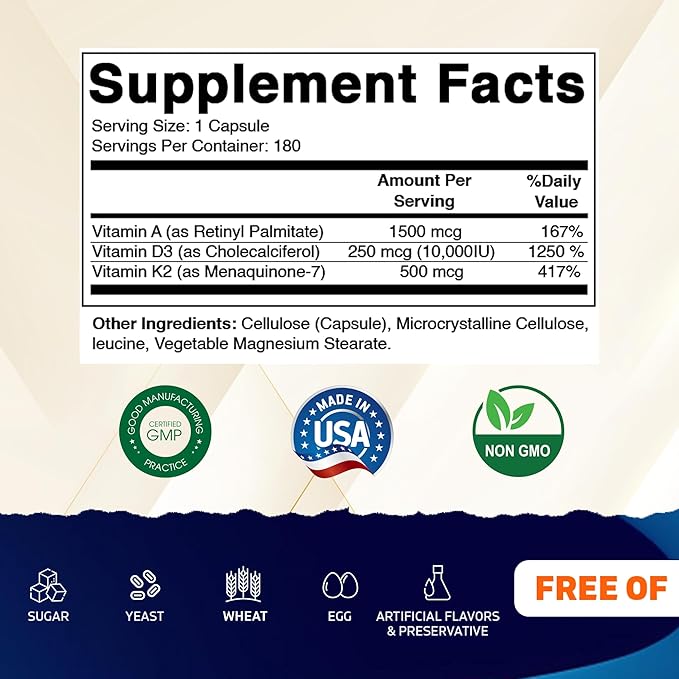 Vitamatic ADK Vitamin Supplement 180 Veg Capsules High Potency Vitamins A D3 K2 for Bone Health Calcium Absorption Non-GMO Gluten Free - 2 Pack