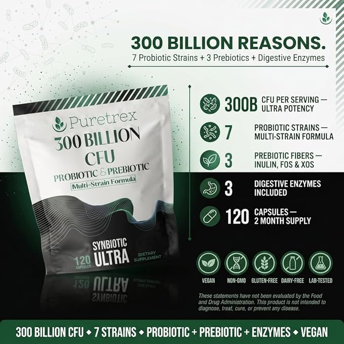 300 Billion CFU Probiotic &amp Prebiotic Supplement Multi-Strain Synbiotic Ultra Formula 120 Vegan Capsules with Digestive Enzymes and Black Pepper Extract