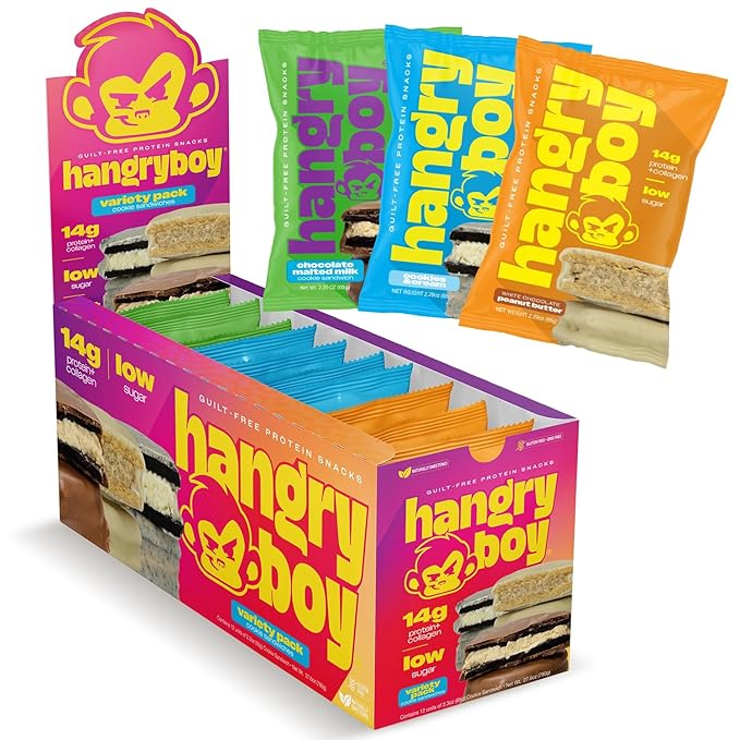 Hangryboy Protein Cookie Sandwich – 14g High Protein Gluten‑Free GMO‑Free Cookies - Perfect on The Go Protein Snack Variety Pack 12‑Count Box