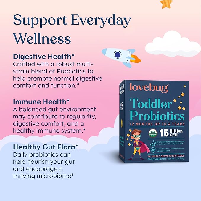 Lovebug Kids Probiotic Powder with Prebiotic Fiber - Toddler Immunity Support &amp Constipation Relief - USDA Organic Probiotics for Childrens Gut &amp Digestive Health (Ages 1-4) - 30 Pack (Unflavo