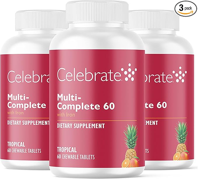 Celebrate Vitamins Multi-Complete Chewables 60mg Iron – Daily Bariatric Multivitamin for Sleeve Gastrectomy &amp Gastric Bypass Surgery Patients – Essential Vitamins &amp Minerals - Tropical (180 T