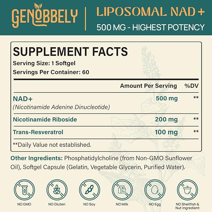 800 mg Liposomal NAD+ Supplement with Nicotinamide Riboside 200 mg Trans-Resveratrol 100 mg - True NAD Supplement for DNA Repair Healthy Aging Brain Function - 360-Day Supply