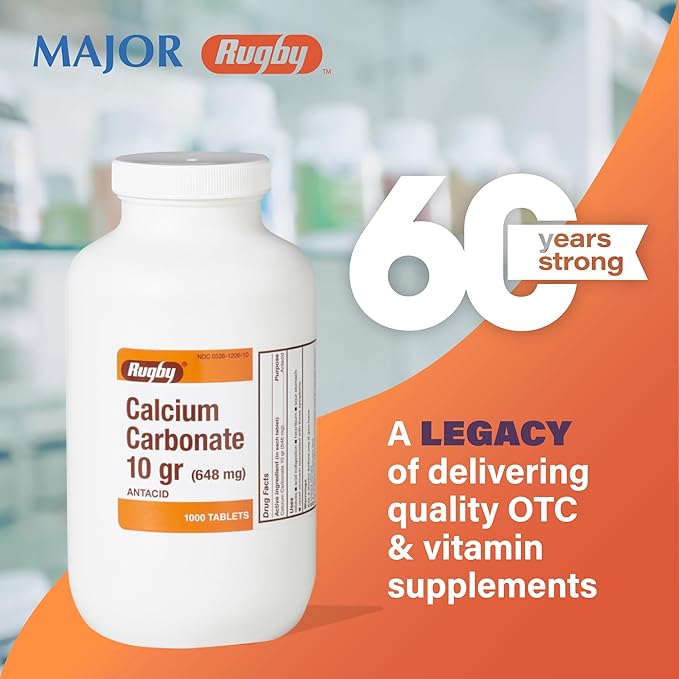 Rugby Calcium Carbonate 10 gr (648 mg) - Antacid - 1000 Tablets (1 Pack)