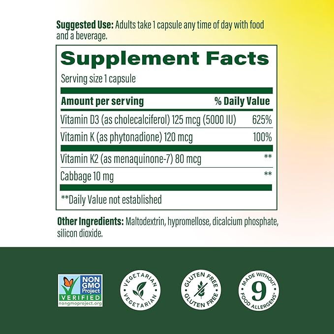 MegaFood Vitamin D3 5000 IU (125 mcg) - Vegetarian Supplements with Vitamin D3 K2 - Supports Bones Teeth Muscles &amp Immune Health - Certified Non-GMO - 60 Mini Capsules 60 Servings