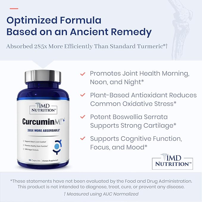 1MD Nutrition CurcuminMD Plus - Turmeric Curcumin with Boswellia Serrata - 285x More Absorbable | Joint Stiffness Muscle Recovery and Mood Support | 180 Capsules (3-Pack)