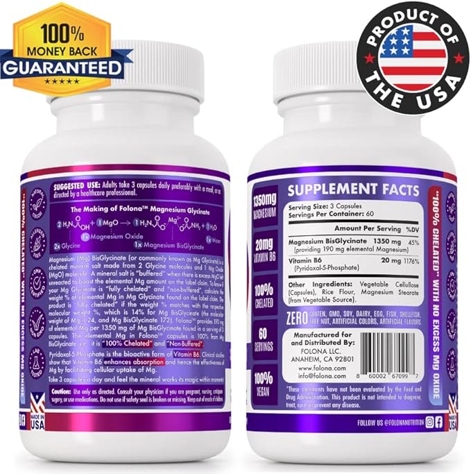 Magnesium Glycinate with Vitamin B6 Research Proven to Enhance Absorption 1350mg Fully Chelated - Supports Sleep Stress Relief Energy Muscle Cramps - Gluten Free NonGMO 180 Vegan Capsules