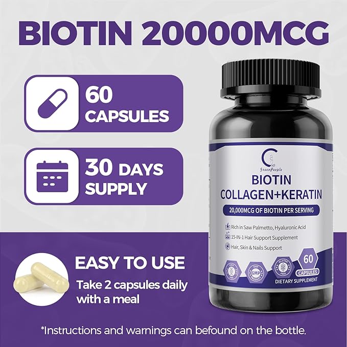 GPGP GreenPeople Biotin | Collagen | Keratin - Hair Growth biotin 20000MCG-Hair Skin &amp Nails with Multivitamins &amp Minerals for Men &amp Women - 60 Capsules