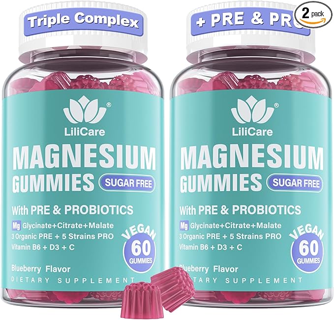 Magnesium Complex Gummies 400 mg for Women Men with Prebiotics and Probiotics Triple Calm Magnesium Glycinate Malate Citrate Gummy Supplement for Relaxation &amp Digestive Health-Sugar Free Vegan 1
