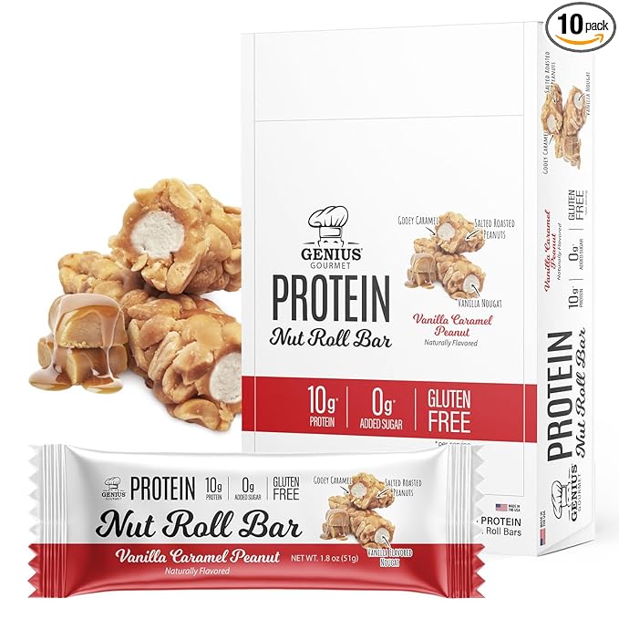 Genius Gourmet Nut Roll Bars Vanilla Caramel Peanut – 10g Protien Zero Added Sugar Gluten Free Non-GMO – Sweet Snack &amp Dessert for Adults and Kids – 10 Ct Box