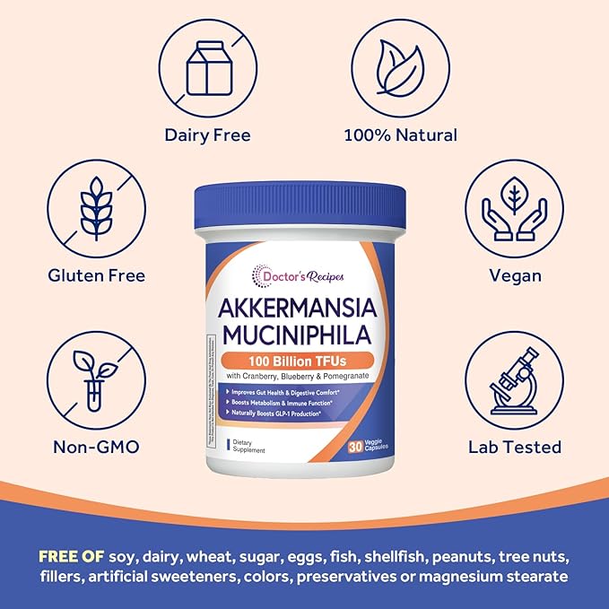 Doctor's Recipes Akkermansia Probiotic Akkermansia Muciniphila 100 Billion TFUs Cranberry Blueberry &amp Pomegranate Extract GLP-1 Production Gut Digestive Immune Health 30 Veggie Capsules