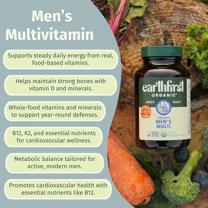 Men’s Multi Once Daily Whole-Food Multivitamin with 19 Vitamins &amp Minerals for Energy Heart Bone Strength Prostate &amp Immune Support Vegan Non-GMO 30 Count