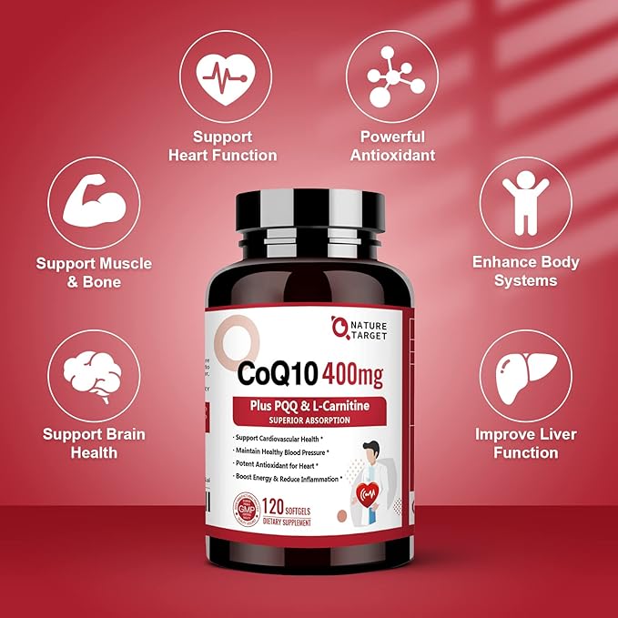 NATURE TARGET CoQ10-400mg with PQQ Omega-3s &amp L-Carnitine High Absorption Coenzyme-Q10 with BioPerine Supports Heart Brain Immune System Energy Production 120 Servings