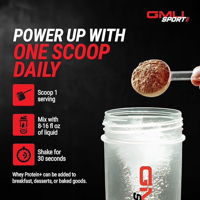 GMU SPORT - Whey Protein+ 28 Servings - No Filler Whey Protein Powder for Women and Men - Low-Calorie Sugar-Free Fast-Absorbing Protein Supplement for Muscle Growth &amp Recovery Double Chocolate