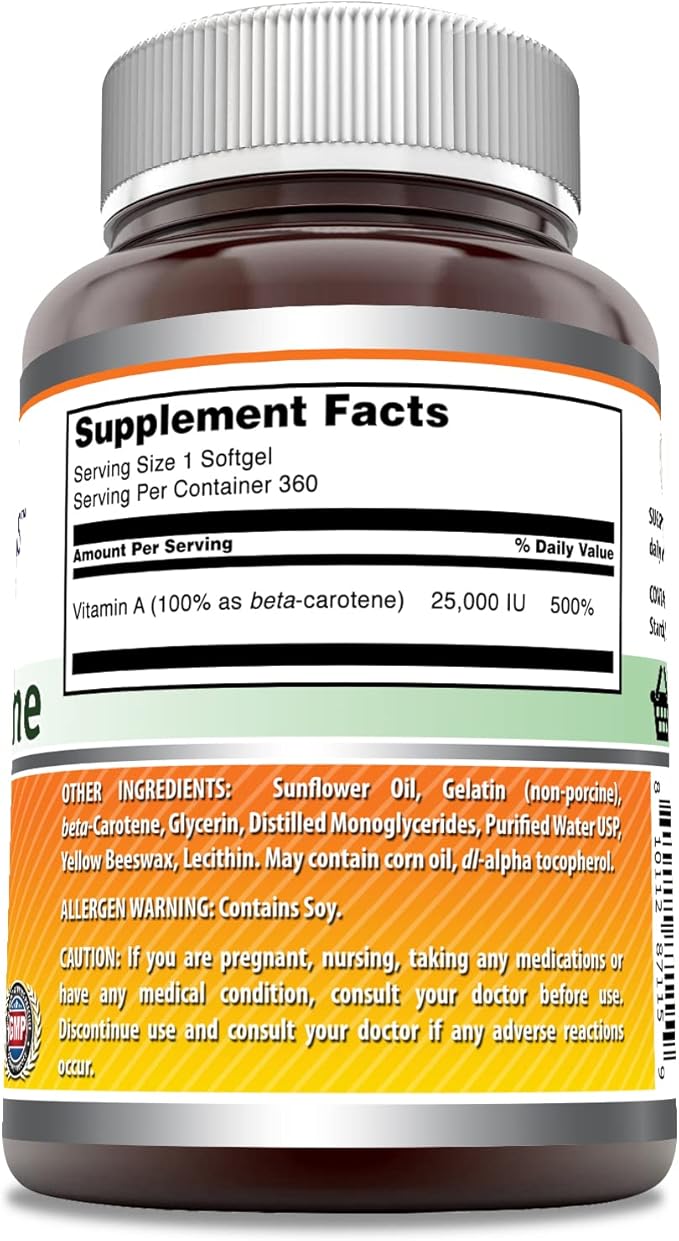 Amazing Formulas Beta Carotene Supplement | 25000 IU | 360 Softgels | Non-GMO | Gluten-Free | Made in USA