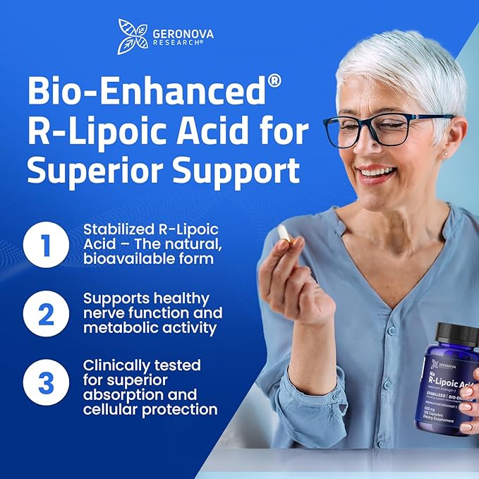 Geronova Research Bio-Enhanced R-Lipoic Acid 600 mg Dose - 2 Month Supply - Stabilized R Alpha Lipoic Acid with Enhanced Absorption - R Lipoic Acid Supplement - 120 Capsules