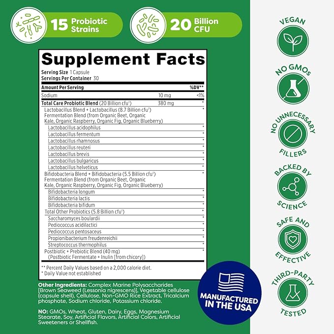 Probulin Total Care Probiotic Supplement Daily Gut Digestive and Immune Health Probiotics Capsules for Men and Women 20 Billion CFU Vegan 30 Count Bottle