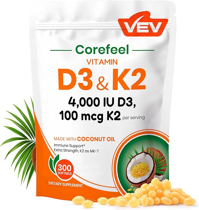 VEV Vitamin D3 K2 4000 IU 100 mcg MK-7 300 Softgels with Coconut Oil Easy to Swallow K2 D3 Vitamin Supplement Daily Nutrient Support