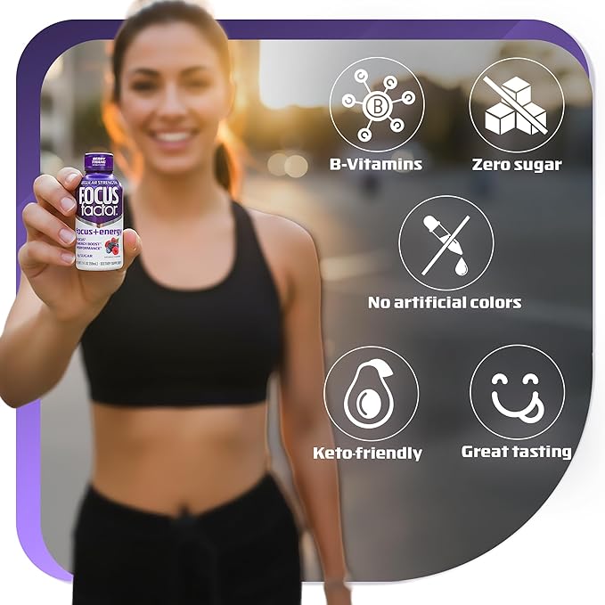 Focus Factor Focus + Energy Shots - 12 x 2oz Bottles (Berry Twang Flavor) - Powered by Nootropics with Caffeine L-Theanine Ginkgo Bacopa L-Tyrosine Alpha GPC