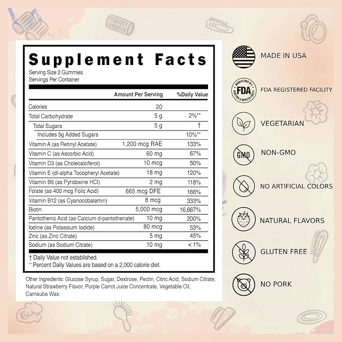 Hair Vitamins | 5000mcg Biotin | Non-GMO Vegetarian | Promotes &amp Strengthens Hair | 1-Month Supply