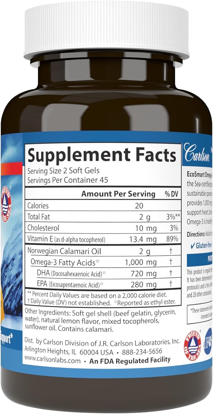 Carlson - EcoSmart Omega-3 Sustainable Source Promotes Heart Brain Vision &amp Joint Health Lemon 90 soft gels