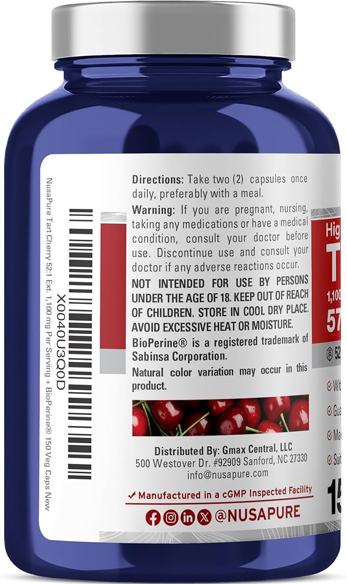 NusaPure Tart Cherry 57200mg per Caps 150 Count Vegan Non-GMO Gluten Free