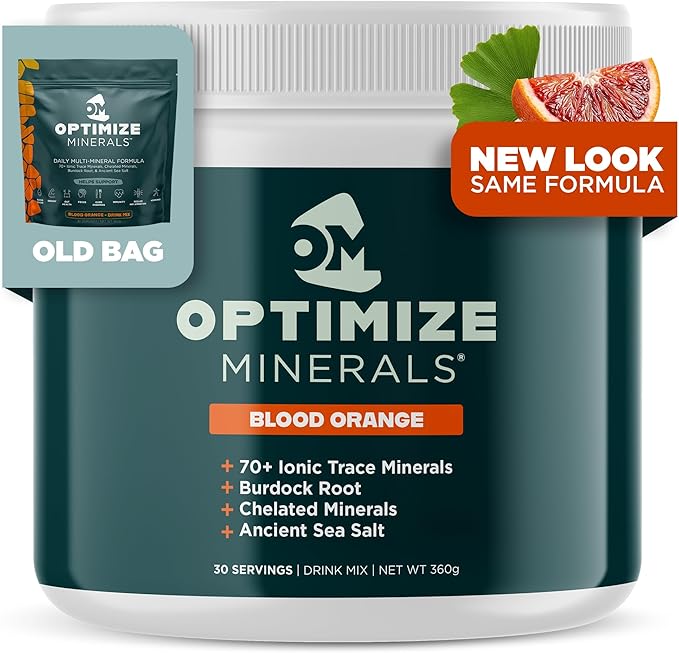 Optimize Minerals Multi Mineral - New Look Same Daily Formula - Magnesium Electrolytes &amp Trace Mineral Supplement Powder - Gluten Free Vitamins Drink for Optimal Wellness - Blood Orange 30 Servi