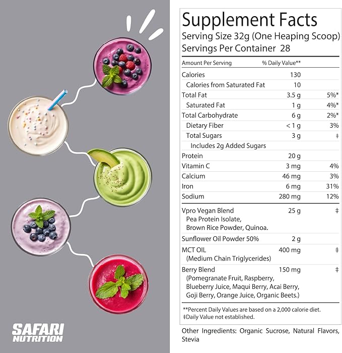 Safari Nu 100% Vegan Premium Protein Powder Creamy Vanilla - 20G of Protein - Certified Organic Protein Blend - Natural Ingredients (2 Pounds Vanilla Vegan)