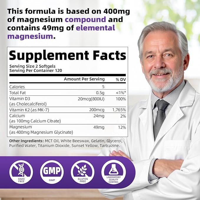 2 Pack High Absorption Magnesium Glycinate 400mg Softgels Supplement Magnesium with Calcium - Highly Bioavailable - with Vitamin D3 &amp K2 for Sleep Mood Brain Support