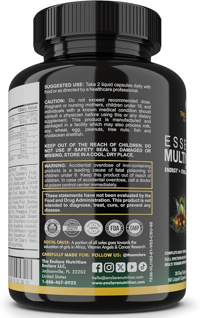 Essential Multivitamin for Women &amp Men – Complete Daily Multi Vitamin with Vitamin D C B12 &amp B Vitamins + Minerals Folic Acid Iron Zinc – 42 Fruit &amp Vegetable Superfood Blend – 60 Liq