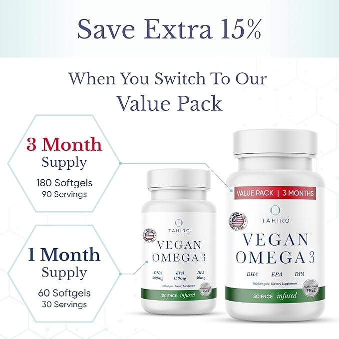 TAHIRO Vegan Omega-3 Softgels - Plant-Based Supplement with DPA DHA &amp EPA - Nutrients for Men Women and Pregnant Women - Supports Brain Health - Prenatal &amp Joint Supplements 1000mg
