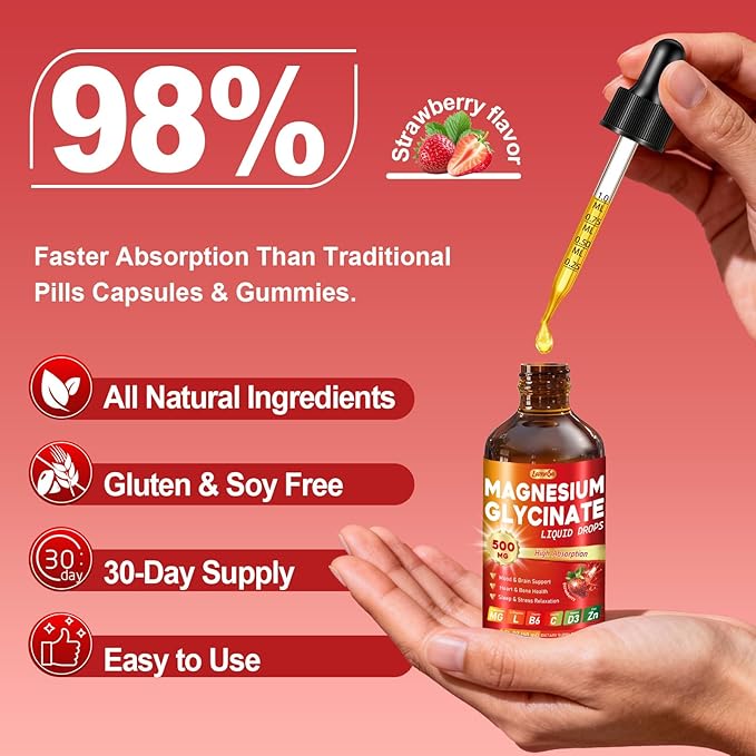 Magnesium Glycinate Liquid Drops Supplement - Vegan GMO Free Gluten Free for Muscle &amp Bone Health Support (Strawberry 60ml) 2 Pack
