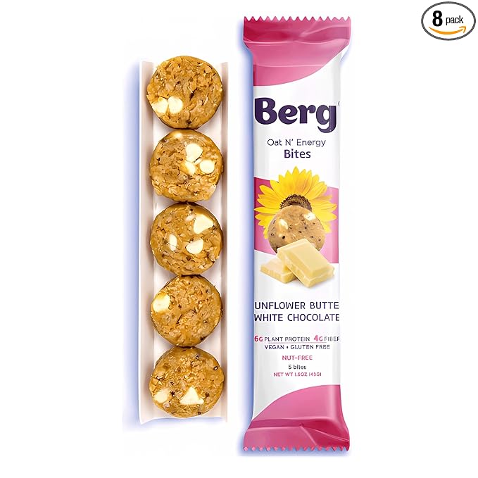Berg Energy Bites Sunflower Butter &amp White Chocolate – Plant‑Based Protein Snack with 16 g Protein &amp 1 g Sugar – Vegan Gluten‑Free Low Sugar High Fiber Non‑GMO Prebiotic Bites – 1.5 oz (8