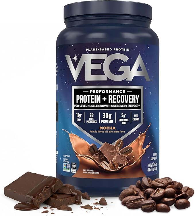 Vega Sport Vegan Protein Powder + Recovery - 30g Plant Based Protein per Serving Mocha 19 Servings 5g BCAAs Probiotics NSF Certified for Shakes &amp Smoothies 1.8lbs (Packaging May Vary)