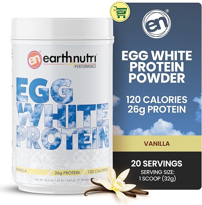 EarthNutri - Egg White Protein Powder Supplement for Pre Intra or Post Workout 26g of Protein Per Serving Supports Muscle Strength &amp Recovery No Artificial Additives - Vanilla 20 Servings (640