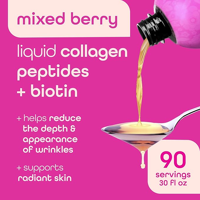 Zena Nutrition Liquid Collagen Peptides and Biotin 2500mg Verisol Bioactive Collagen Peptides 5000mcg Biotin Hair Skin Nail Supplement for Women and Men Mixed Berry 90 Servings 30 fl oz
