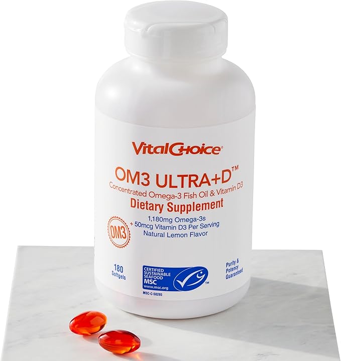 Vital Choice MSC Om3 Ultra+D Concentrated Omega-3 Fish Oil and Vitamin D3 Dietary Supplement 180 Softgels