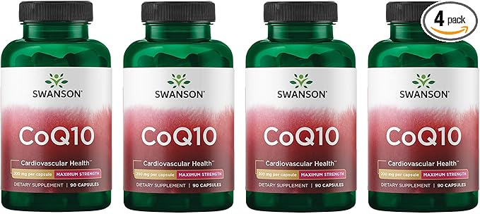 Swanson CoQ10 Cardiovascular and Cellular Energy Supplement for Heart-Health-Conscious Adults Seeking Antioxidant Support - 200 mg (90 Vegan Capsules 4 Pack)