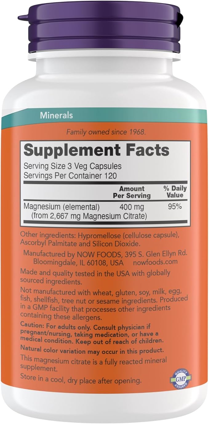 Now Supplements Magnesium Citrate Enzyme Function* Nervous System Support* Critical for Enzyme Function* Gluten Free Vegan Kosher Non-GMO 360 Vegetarian Capsules (Pack of 2)