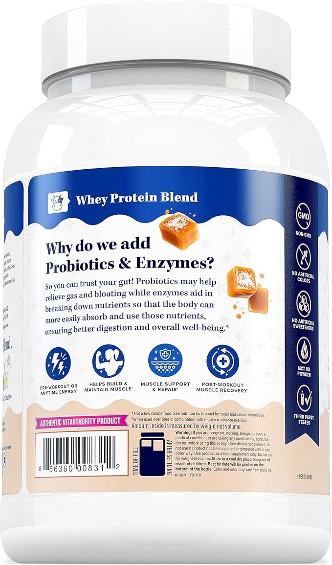 Whey Protein Powder for Women Whey Isolate Probiotics &amp Enzymes Supports Digestion Nutrient Absorption &amp Energy Post-Workout Nutrition Salted Caramel Flavored 30 Servings