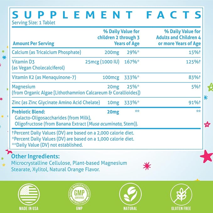 500 MG Calcium Supplement with Vitamin D3 &amp K2 Zinc Magnesium &amp Prebiotics. Kids Vitamins for Kids' Height. Bone Strength High Absorption Orange Chewables Non-GMO Gluten Free 60 Tabs