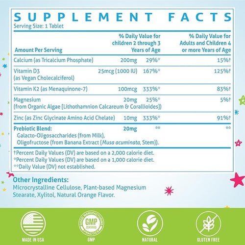 500 MG Calcium Supplement with Vitamin D3 &amp K2 Zinc Magnesium &amp Prebiotics. Kids Vitamins for Kids' Height. Bone Strength High Absorption Orange Chewables Non-GMO Gluten Free 60 Tabs