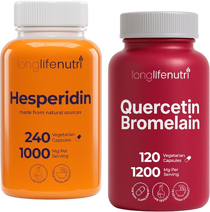LongLifeNutri Hesperidin 1000 mg (240 Caps) &amp Quercetin 1000 mg + Bromelain 200 mg (120 Veg Caps) Bundle – 2–4 Month Supply Bioflavonoid &amp Enzyme Duo Non-GMO GMP Certified Made in USA