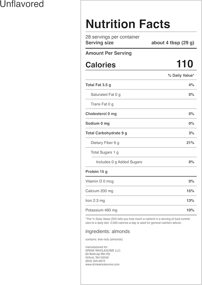 drink wholesome Vegan Unflavored Almond Protein Powder for Sensitive Stomachs | Minimally-Processed Whole-Food Protein | Additive-Free Dairy-Free Gluten-Free | Low Sodium