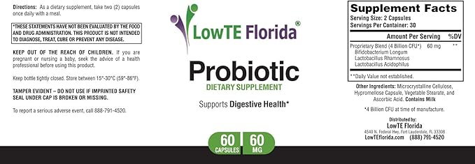 LowTE Florida® Probiotic Supplement - 60 Capsules 60mg Probiotics for Digestive Health and Immune Support with Lactobacillus Acidophilus Lactobacillus Rhamnosus &amp Bifidobacterium Longum