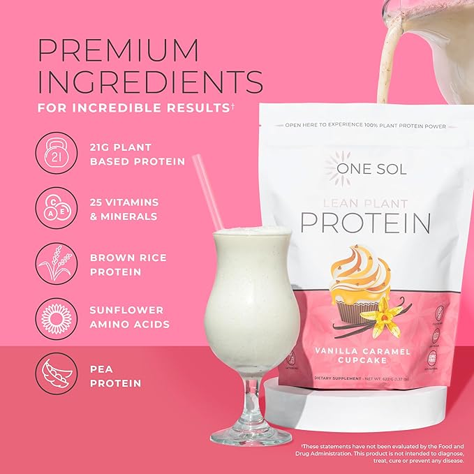 One Sol Lean Plant Protein Powder Pea &amp Brown Rice Protein Low Carb Vegan Friendly - Gluten Lactose &amp Soy Free - No Added Sugar Non-GMO Clean Nutrition No Bloating (Vanilla Caramel Cup